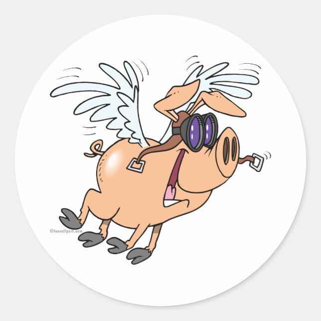 funny flying pig flyer cartoon classic round sticker (Front)