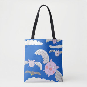 Funny Flying Pigs and Bemused Crow Tote Bag
