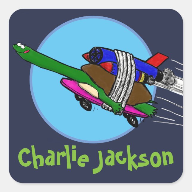Funny flying tortoise on skateboard cartoon square sticker (Front)