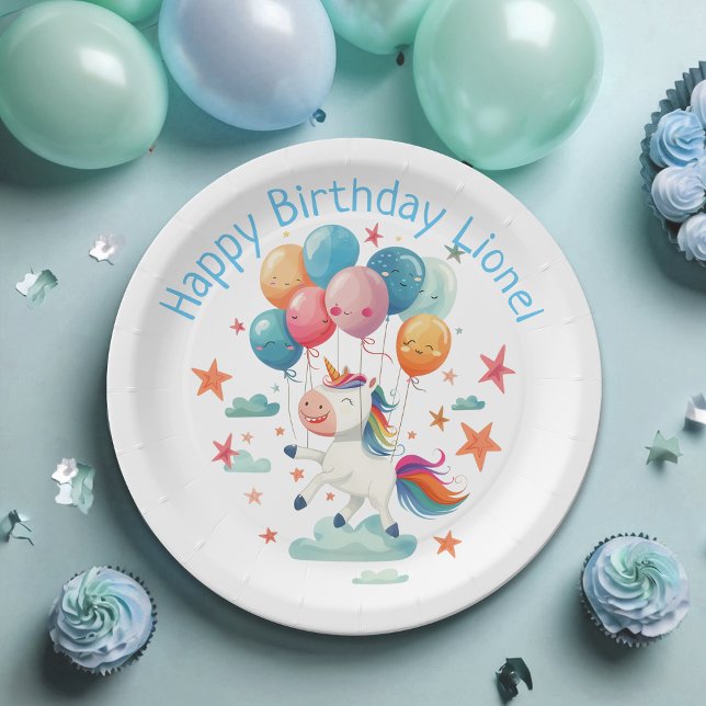 Funny Flying Unicorn Rainbow Colours 1st Birthday Paper Plate (Creator Uploaded)