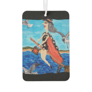 Funny Flying Witch Broom Cat Seagulls Beach Car Air Freshener