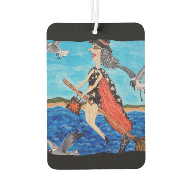 Funny Flying Witch Broom Cat Seagulls Beach Car Air Freshener (Back)