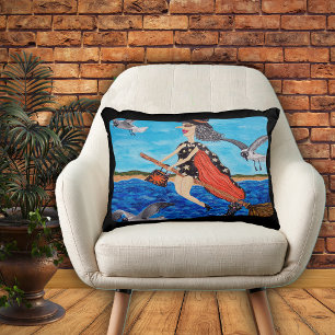 Funny Flying Witch Broom Cat Seagulls Beach Decorative Cushion