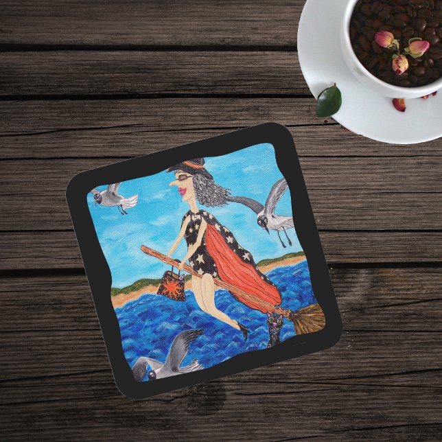 Funny Flying Witch Broom Cat Seagulls Beach Square Paper Coaster (Fun Flying Witch Seagulls in Bathing Suit going to the beach over ocean on paper drink coaster.)