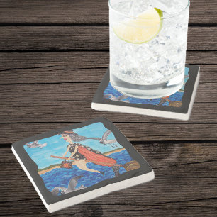 Funny Flying Witch Broom Cat Seagulls Beach Stone Coaster