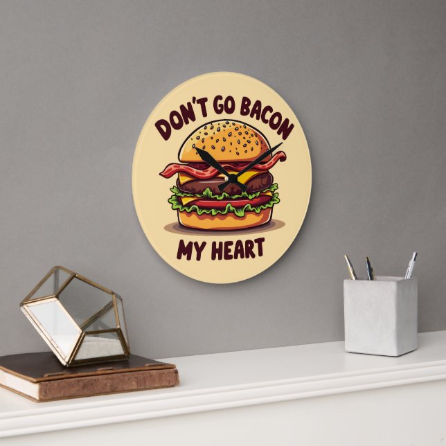 Funny Food Pun Bacon Lover Cheeseburger Design Large Clock (Office)