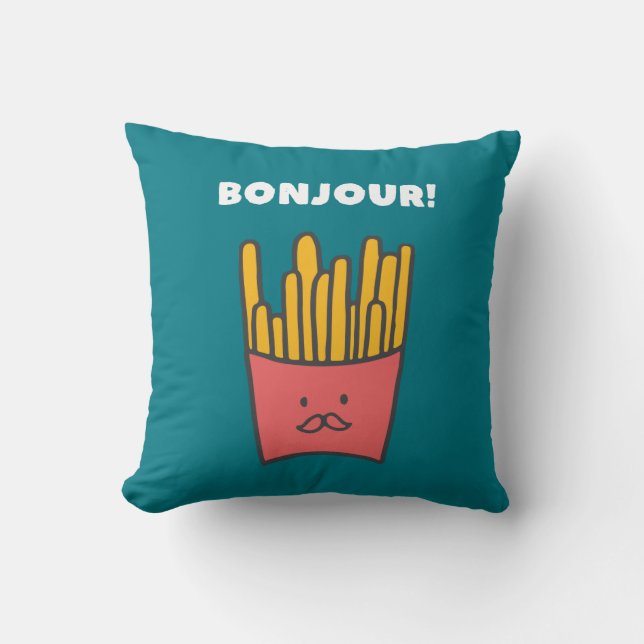 Funny Food Pun Humour French Fries Bonjour Cushion (Front)