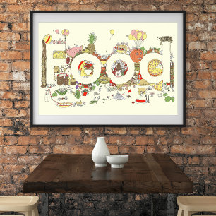 Funny Food Word Design Colourful Watercolour Art Poster