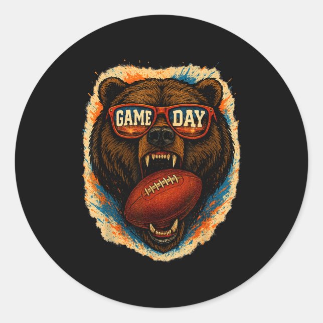 Funny Football Bear With Sungles, Game Day Bear  Classic Round Sticker (Front)