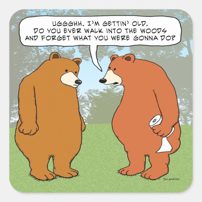 Funny Forgetful Bear in Woods Square Sticker (Front)