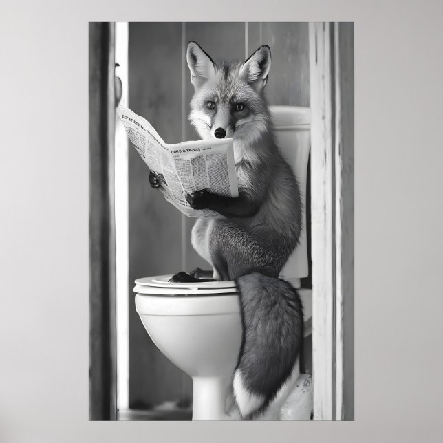 Funny Fox Bathroom Print, Reading Newspaper Poster (Front)