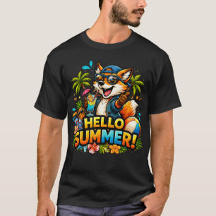 Funny Fox Hello Summer Cartoon Design T-Shirt