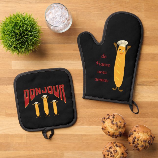 Funny franchise baguettes oven mitt & pot holder set (Top Down)