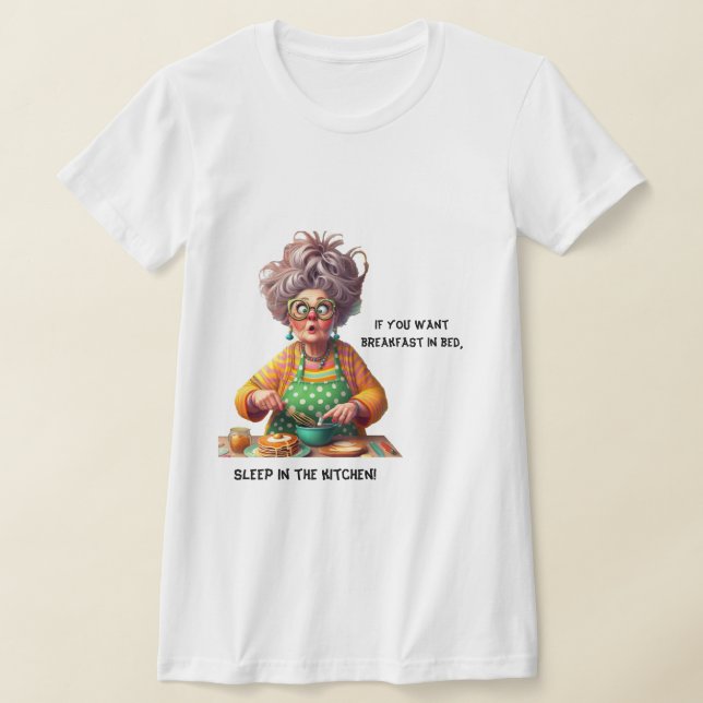 Funny Frazzled Old Lady Pancake-Making Cartoon T-Shirt (Laydown)