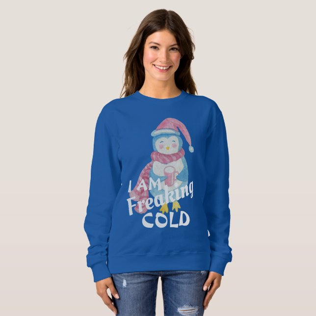Funny Freaking Cold Penguin Ugly Christmas Sweater (Front Full)