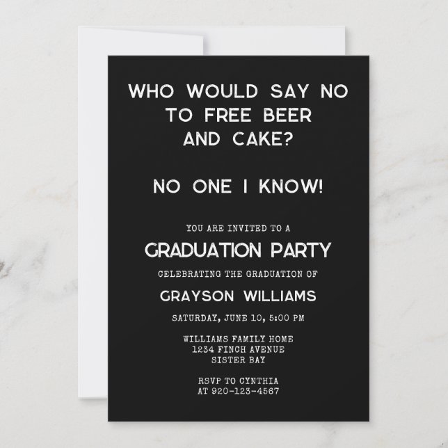 Funny Free Beer Cake Graduation Invitation (Front)