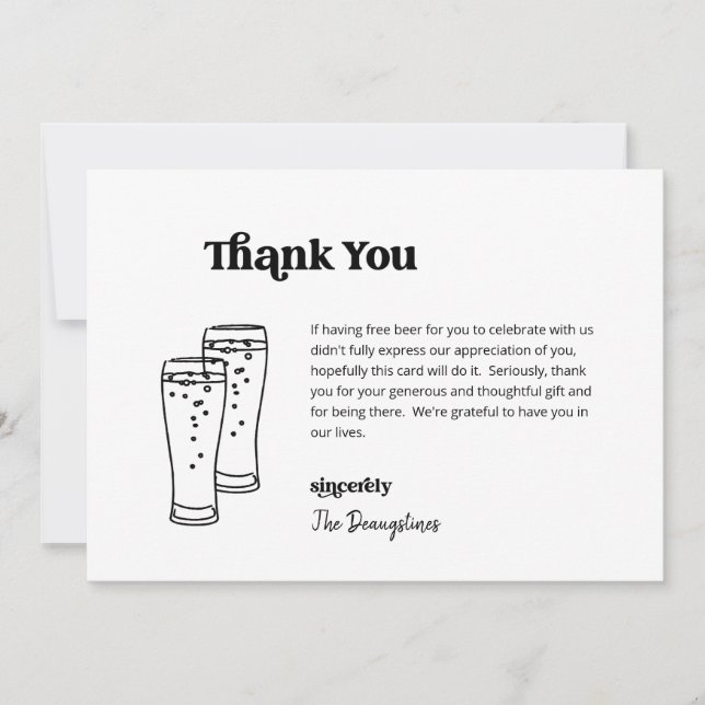Funny Free Beer Wedding Thank You Card (Front)