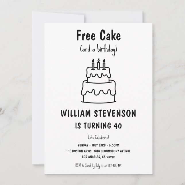 Funny Free Cake Joke Simple Quirky 40th Birthday Invitation (Front)