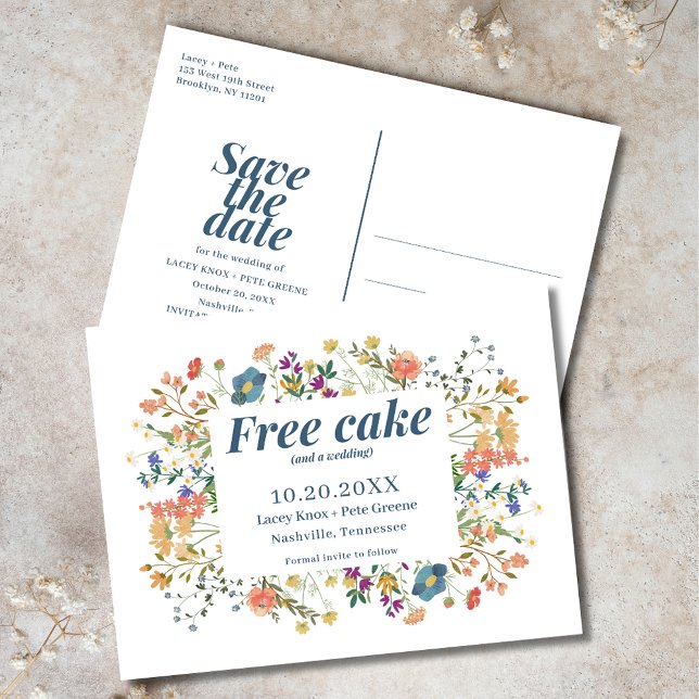 Funny Free Cake Wildflowers Wedding Save the Date Announcement Postcard (Funny Free Cake Wildflowers Wedding Save the Date)
