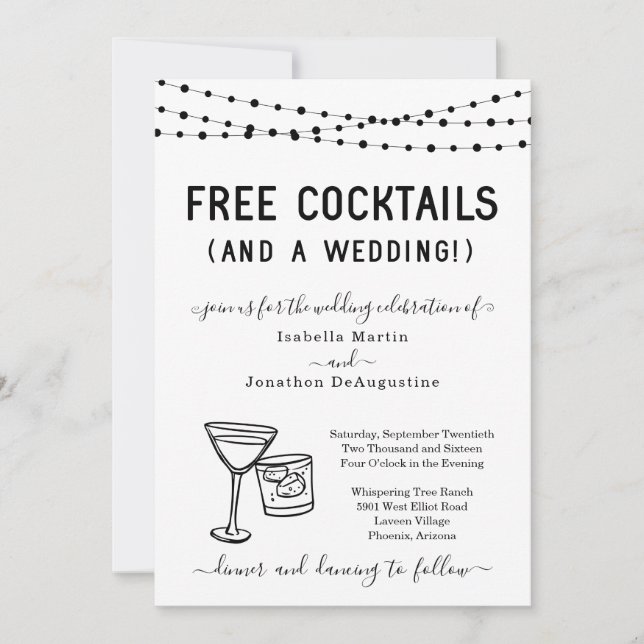 Funny Free Cocktails and a Wedding Invitation (Front)