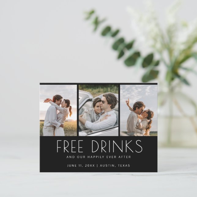 Funny Free Drinks 3 Photo Wedding Save the Date Announcement Postcard (Standing Front)