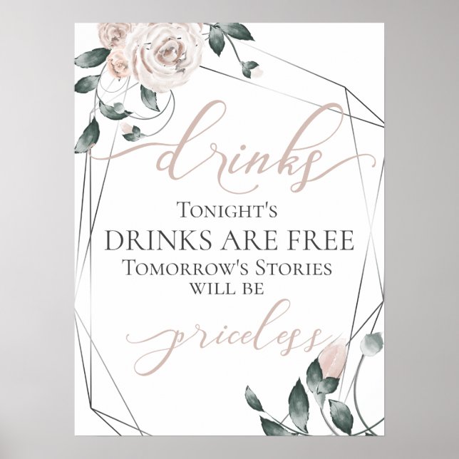Funny Free Drinks Bar Menu Sign Pink Silver (Front)