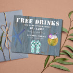 Funny Free Drinks Beach Wedding Save the Dates Announcement Postcard<br><div class="desc">Cute save the dates for a beach wedding in a funny "Free drinks (and we're getting married" design. Features a rustic wood background with watercolor starfish,  flip flops and a coconut cocktail.</div>