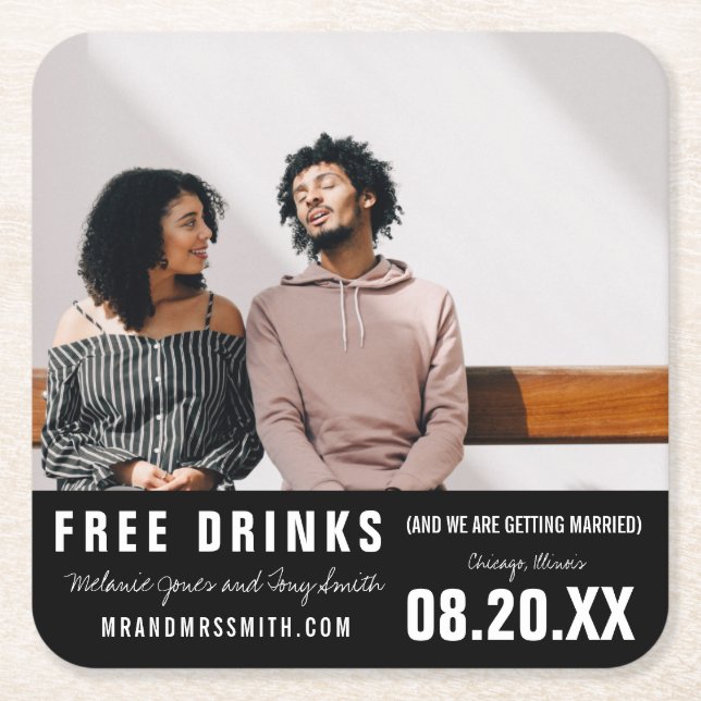 Funny Free Drinks Photo Save the Date Square Paper Coaster (Front)