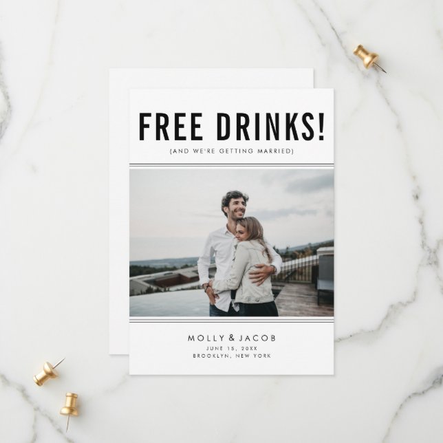 Funny Free Drinks Photo Wedding Save the Date (Front/Back In Situ)