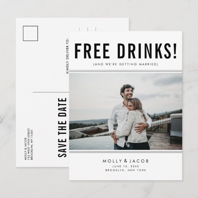Funny Free Drinks Photo Wedding Save the Date Announcement Postcard (Front/Back)