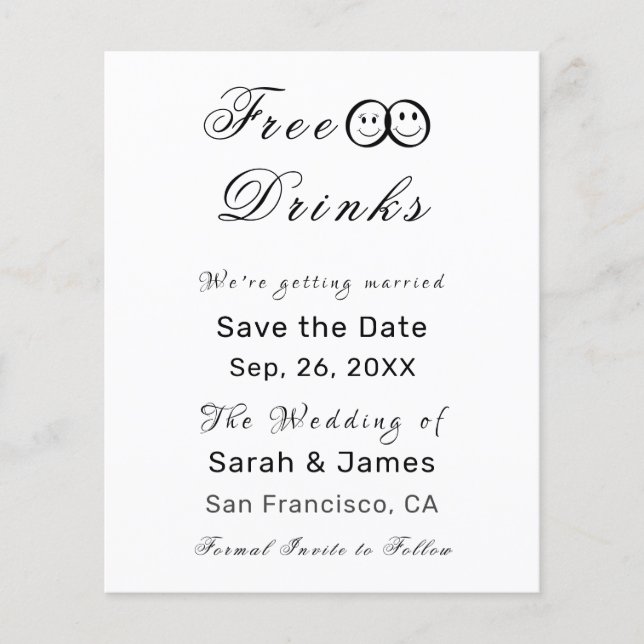Funny Free Drinks Photo Wedding Save the Date Flyer (Front)