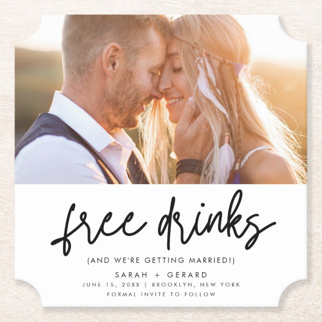 Funny Free Drinks Photo Wedding Save the Date Paper Coaster (Front)