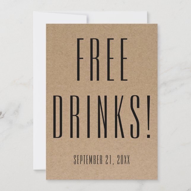 Funny Free Drinks Wedding Kraft Save The Date (Front)