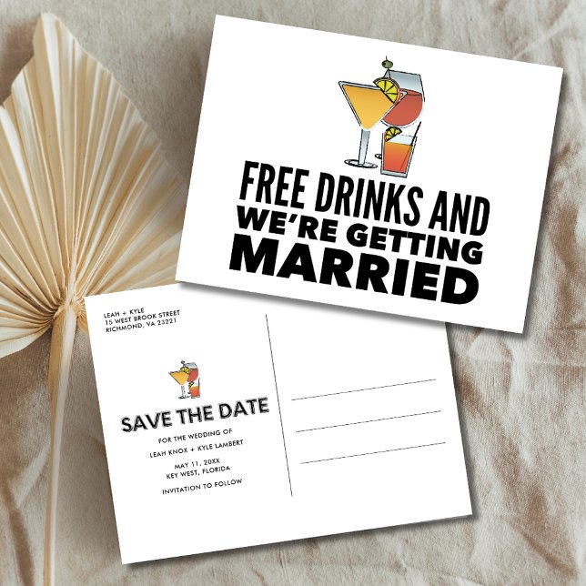 Funny Free Drinks Wedding Save the Date Announcement Postcard (Funny Free Drinks Wedding Save the Date Announcement Postcard)