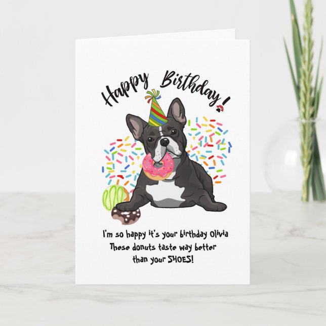 Funny French Bulldog Birthday Card Doughnuts (Front)