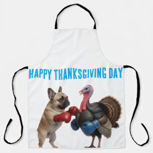 Funny French Bulldog Boxing Turkey Happy Thanksgiv Apron
