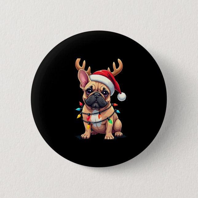 Funny French Bulldog Christmas Light Santa Hat Rei 6 Cm Round Badge (Front)