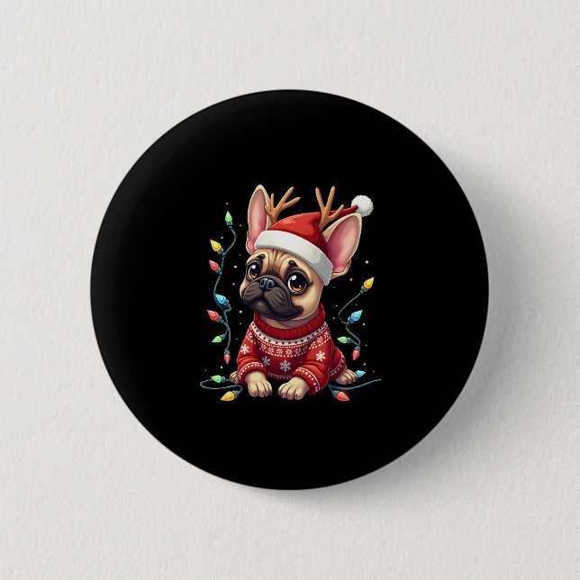 Funny French Bulldog Christmas Light Santa Hat Rei 6 Cm Round Badge (Front)