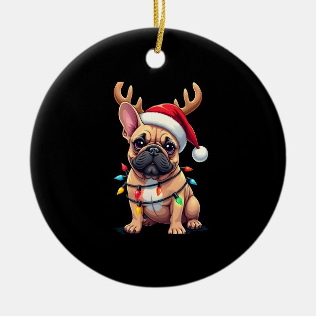 Funny French Bulldog Christmas Light Santa Hat Rei Ceramic Ornament (Front)