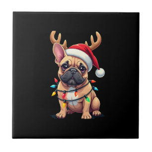 Funny French Bulldog Christmas Light Santa Hat Rei Ceramic Tile