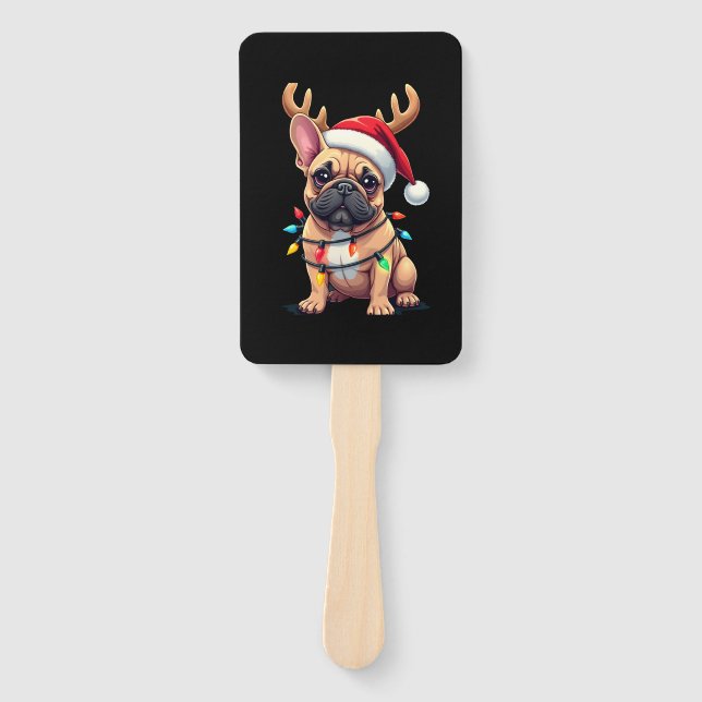 Funny French Bulldog Christmas Light Santa Hat Rei Hand Fan (Front)