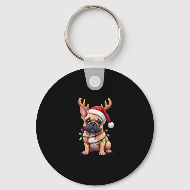 Funny French Bulldog Christmas Light Santa Hat Rei Key Ring (Front)
