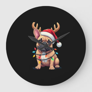 Funny French Bulldog Christmas Light Santa Hat Rei Large Clock