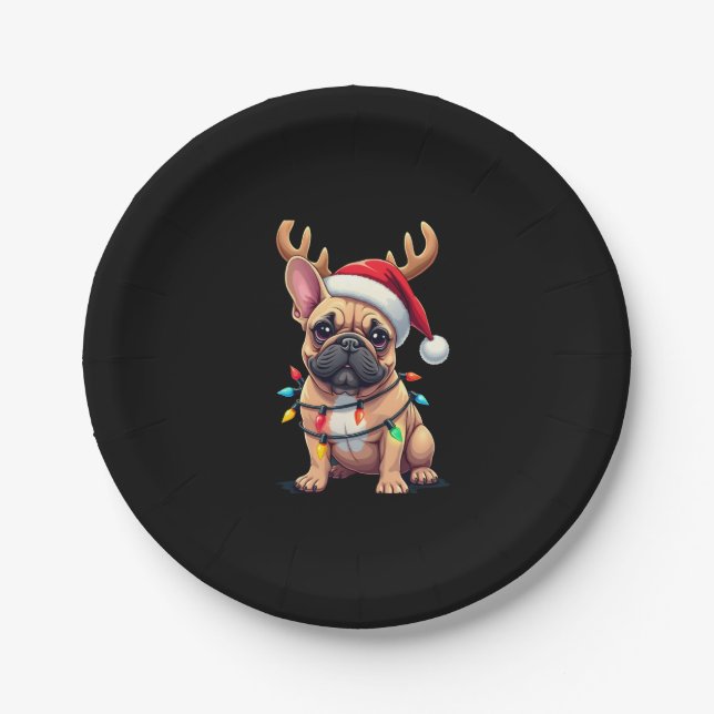 Funny French Bulldog Christmas Light Santa Hat Rei Paper Plate (Front)