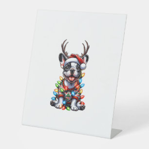 Funny French Bulldog Christmas Light Santa Hat Rei Pedestal Sign