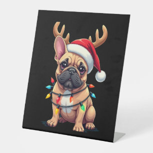Funny French Bulldog Christmas Light Santa Hat Rei Pedestal Sign