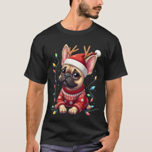 Funny French Bulldog Christmas Light Santa Hat Rei T-Shirt