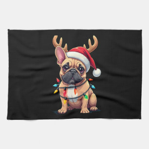 Funny French Bulldog Christmas Light Santa Hat Rei Tea Towel