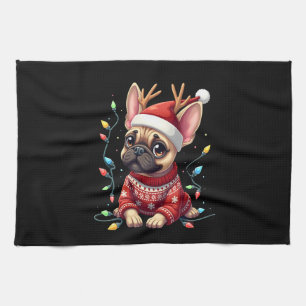 Funny French Bulldog Christmas Light Santa Hat Rei Tea Towel