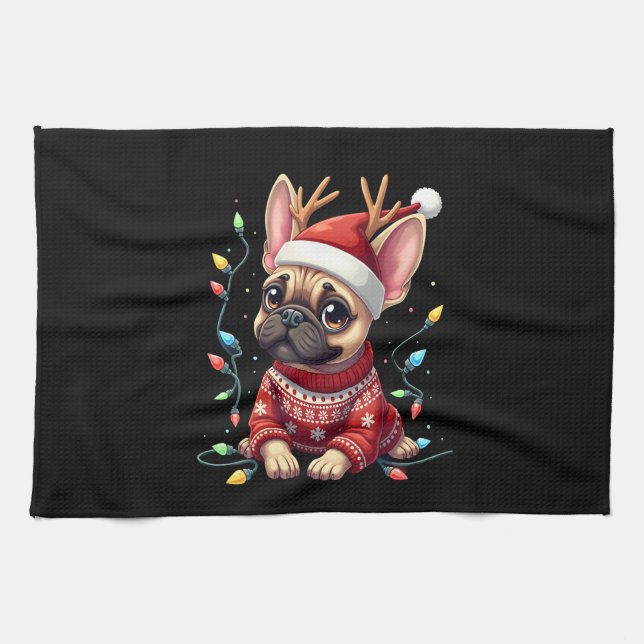 Funny French Bulldog Christmas Light Santa Hat Rei Tea Towel (Horizontal)